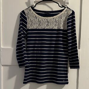 Tommy Hilfiger Navy and White Striped Lace Top